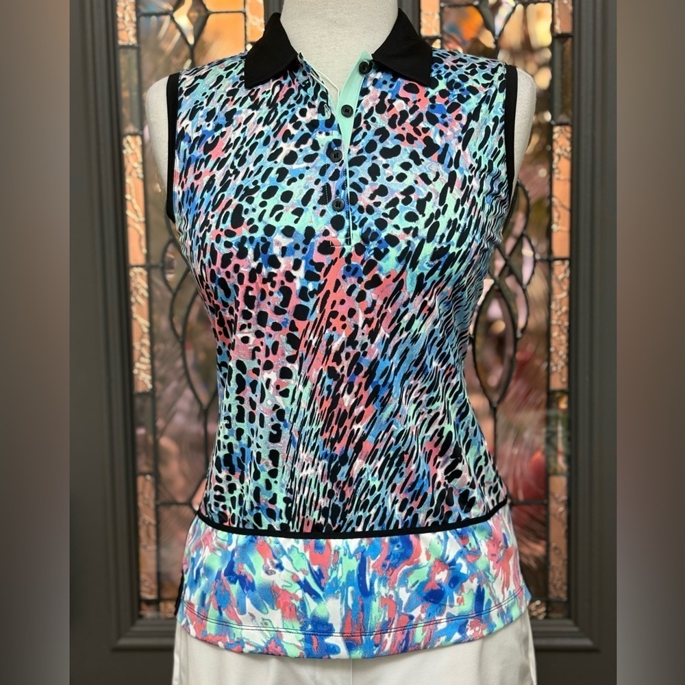 NWT- EP Pro Tour Tech Black Multi Paradise Found Golf/Tennis Polo